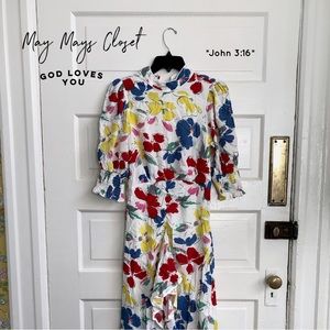 NWT Rixo Floral White Ruffle Mock Meck Retro Vintage Trend 2 Spring Party